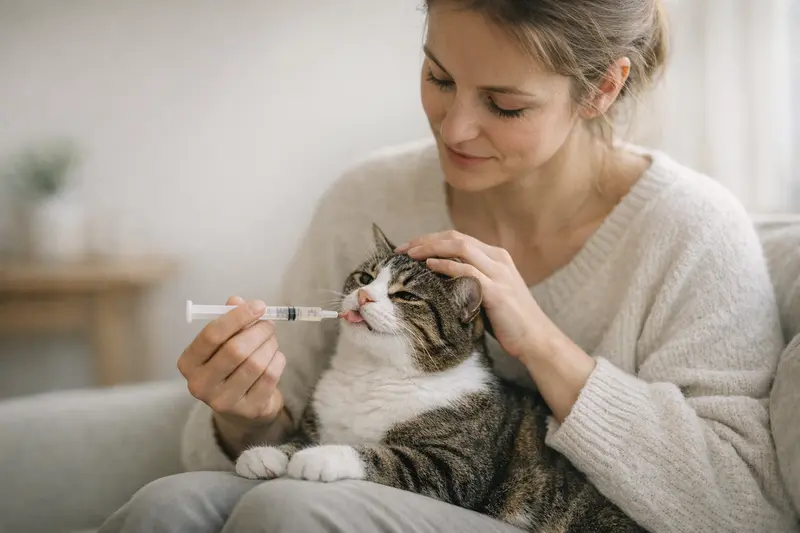 Infografik zur Entscheidungshilfe für Katzenhalter mit Dosierung, roten Flaggen und Informationen zu Parasiten und Tierarztbesuch.