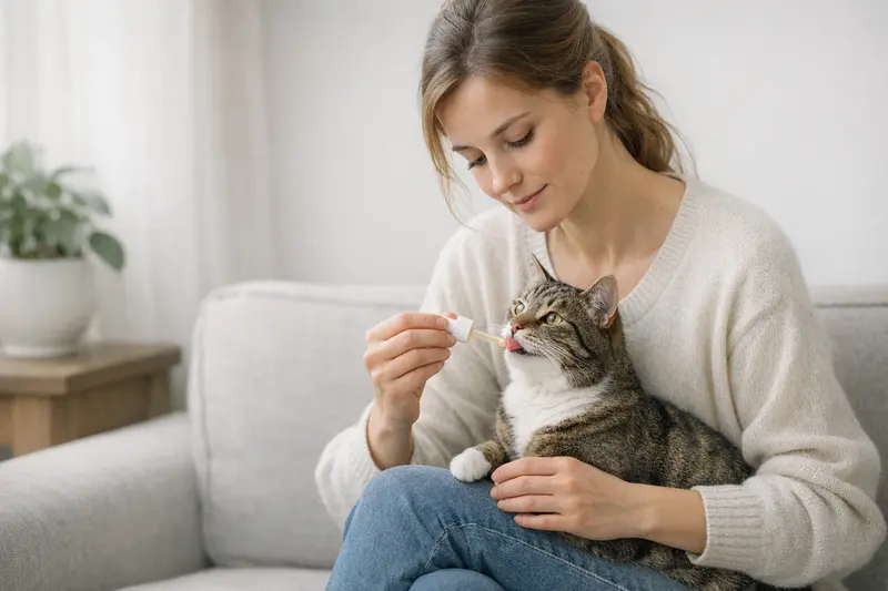 Infografik zur Dosierung und Erkennung von Parasiten bei Katzen mit Entscheidungshilfen für Tierarztbesuch und Versicherung.