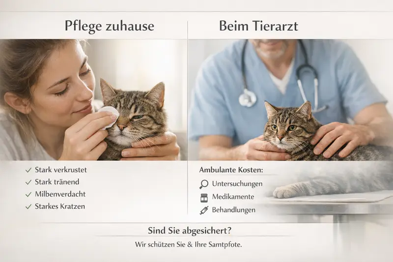 Infografik zeigt die Unterschiede zwischen Pflege und Tierarztbesuch für Katzen.