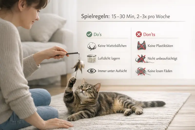 Infografik über Spielregeln und Do's und Don'ts für Katzenbesitzer.