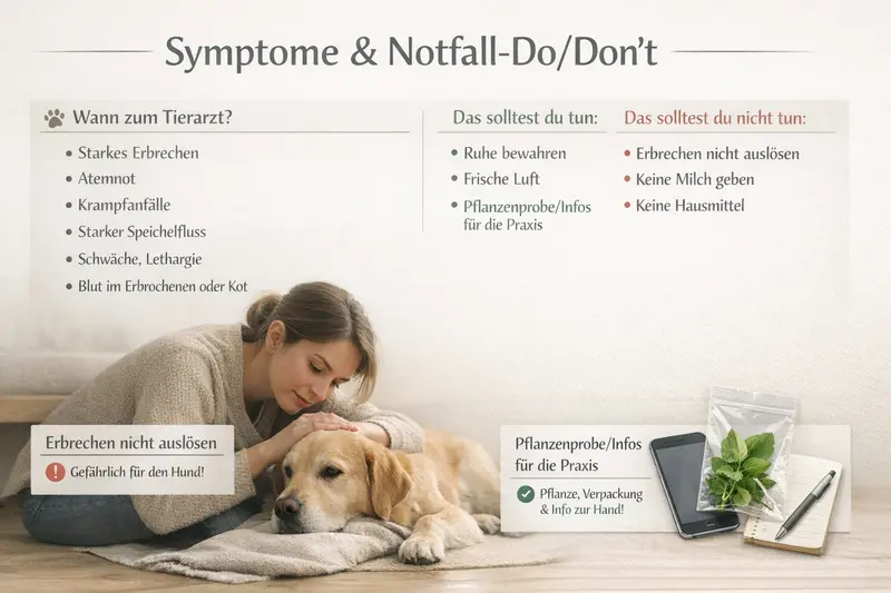 Infografik mit Symptomen und Notfall-Do's und Don'ts für Hunde, einschließlich Erbrechen und Tipps für Pflanzenproben.