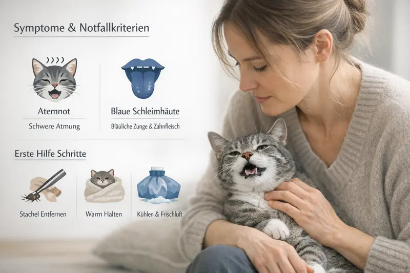 Infografik mit Symptomen und Erste-Hilfe-Schritten für katzenmedizinische Notfälle.