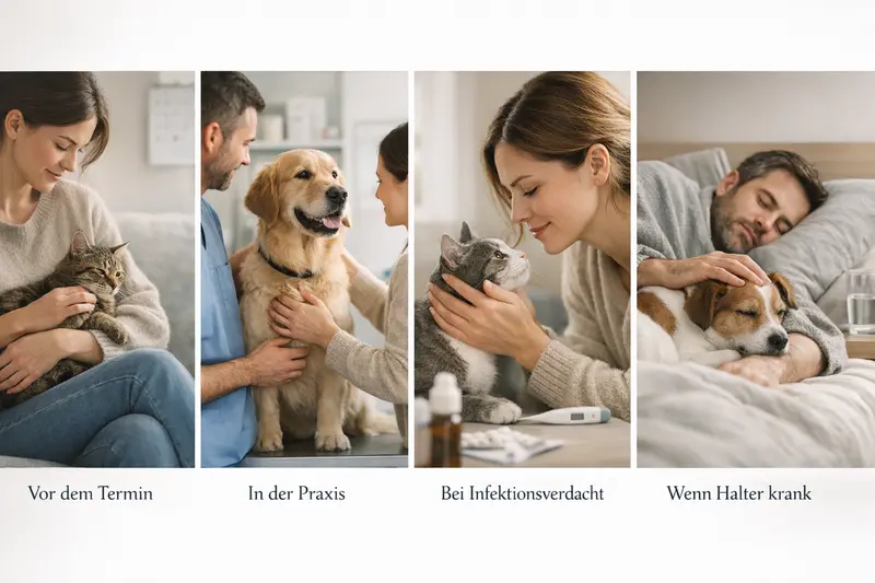 Infografik zur Vorbereitung auf den Tierarztbesuch für Hundebesitzer und Katzenbesitzer.
