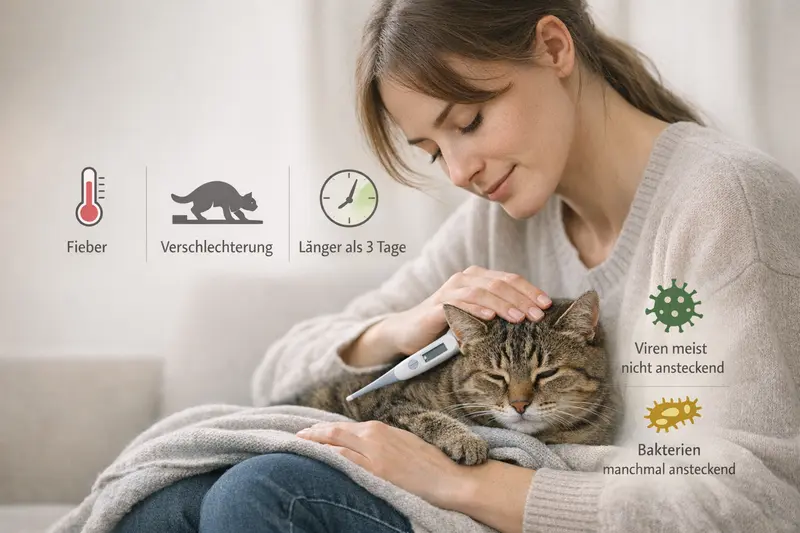 Infografik mit Warnzeichen bei Katzen und Ansteckungslogik für Tierhalter.