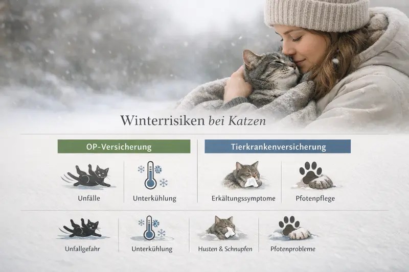 Eine Infografik über Winterrisiken für Katzen, die Unfallgefahren, Unterkühlung, Erkältungssymptome und die Bedeutung von OP-Versicherung und Tierkrankenversicherung zeigt.