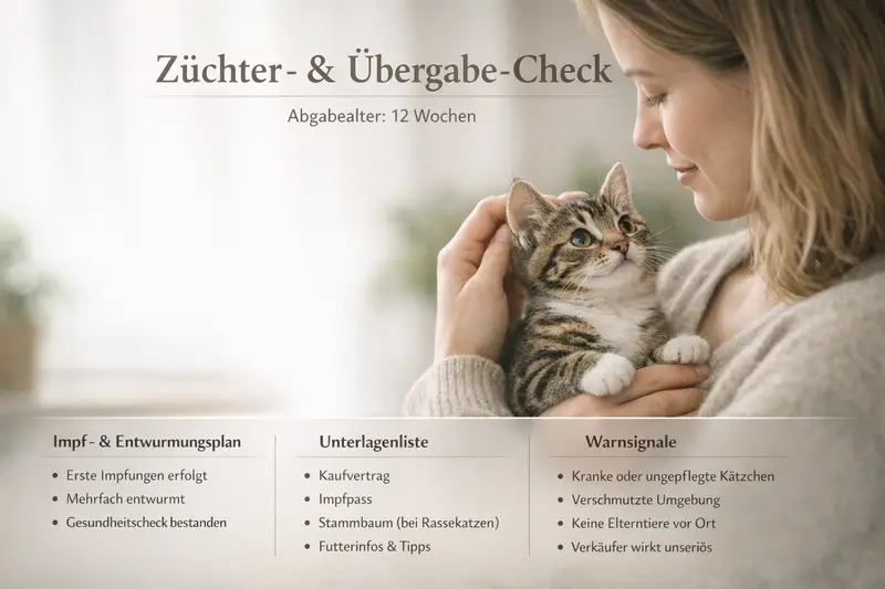 Infografik mit Züchter- und Übergabe-Check für Katzen, einschließlich Abgabealter und Impfplan.