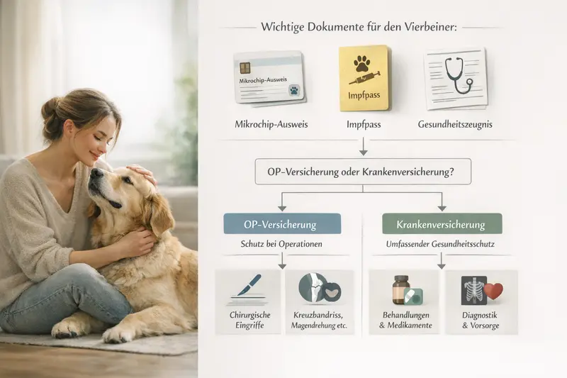Infografik zur Gesundheitsvorsorge für Hunde mit Checkliste von wichtigen Dokumenten und Entscheidungsbaum für OP oder Krankenversicherung
