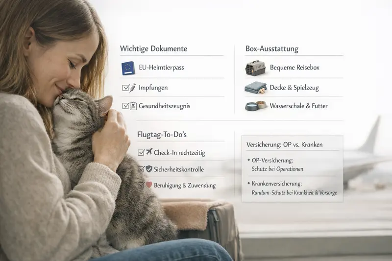 Checkliste für den sicheren Transport von Katzen im Flugzeug mit EU-Heimtierpass und Impfungen.
