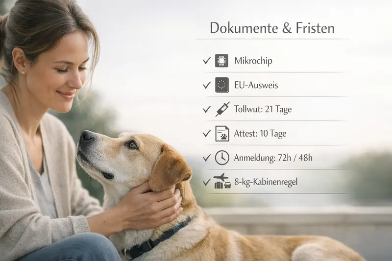Checkliste für Hundehalter mit wichtigen Dokumenten und Fristen zur Tiergesundheit.
