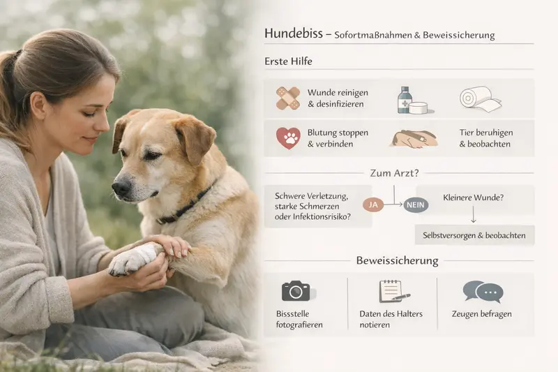 Infografik mit Sofortmaßnahmen und Beweissicherung bei einem Hundebiss.