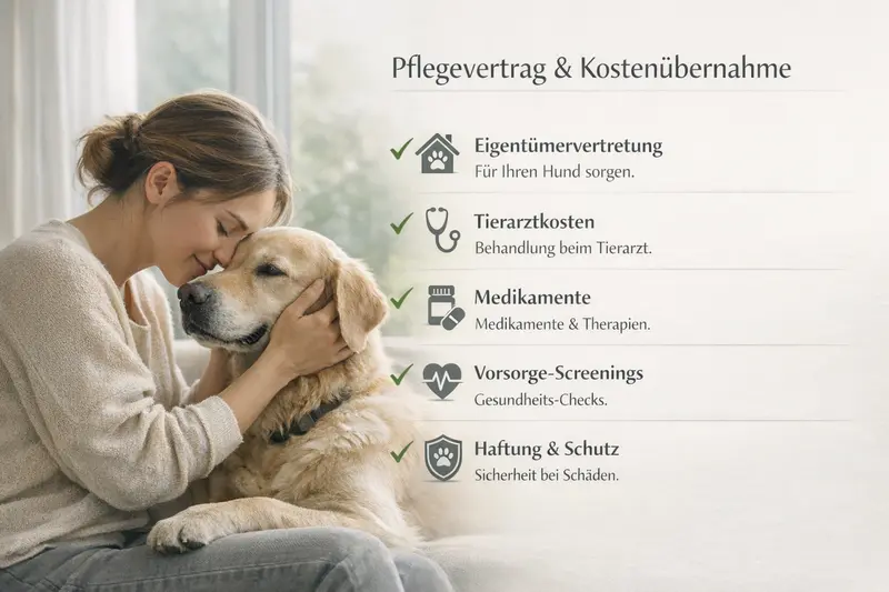 Infografik zur Kostenübernahme von Tierarztkosten für Hunde mit wichtigen Aspekten wie Pflegevertrag und Haftung.
