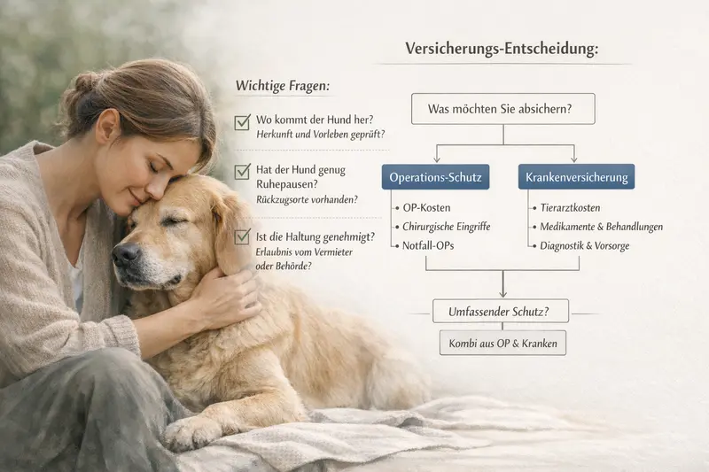 Checkliste mit Prüffragen zur Herkunft und Gesundheit von Hunden sowie ein Entscheidungsbaum zur Versicherungswahl.