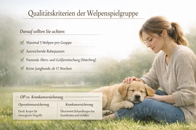 Infografik mit den Qualitätskriterien einer Welpenspielgruppe für Hunde.
