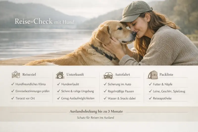 Checkliste für die Reise mit dem Hund, einschließlich Packing-Liste und Auslandsdeckung.