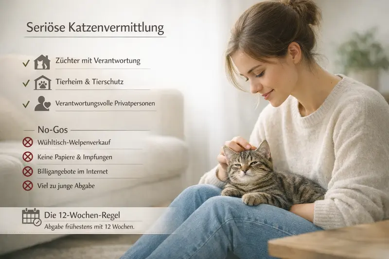Infografik mit wichtigen Seriositätsmerkmalen für den Kauf von Katzen