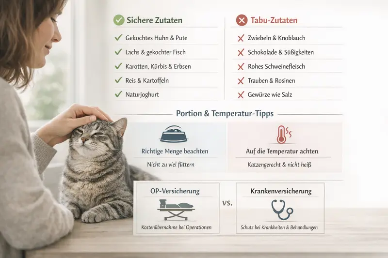 Infografik über sichere und tabu Zutaten für Katzen mit Hinweisen zu Portionsgrößen und Temperatur