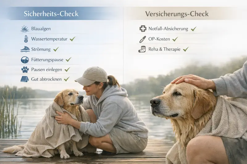 Infografik zum Sicherheits- und Versicherungs-Check für Hunde mit verschiedenen Punkten wie Blaualgen und Notfallversorgung.