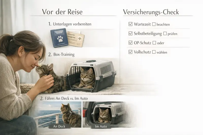 Grafische Checkliste für die Reise mit einer Katze inklusive wichtiger Unterlagen und Versicherungs-Checkpunkte.