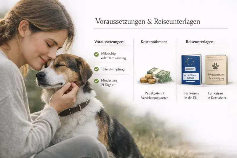Infografik mit Voraussetzungen und Kosten für die EU-Reise mit Haustieren