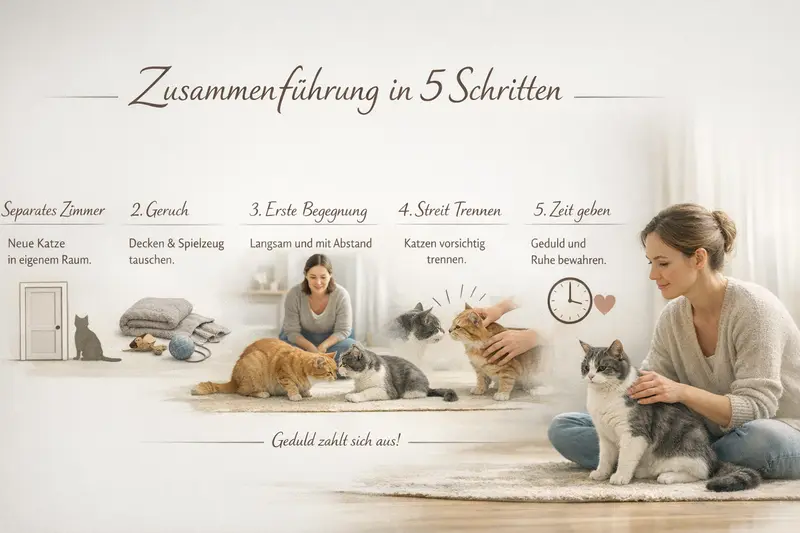 Infografik zeigt die 5 Schritte zur Zusammenführung von Katzen.