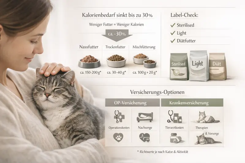 Infografik zur Ernährung von Katzen, die den Kalorienbedarf nach Sterilisation zeigt.