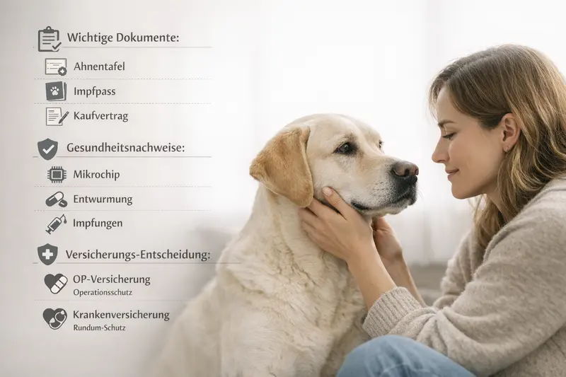 Infografik mit wichtigen Dokumenten für Hundebesitzer, einschließlich Ahnentafel, Impfpass und Gesundheitsnachweisen.