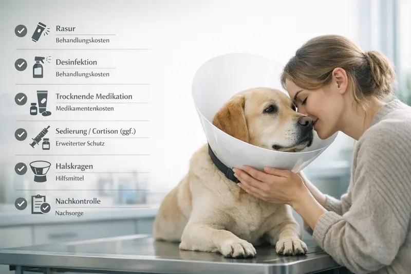 Checkliste für den Behandlungsablauf beim Tierarzt für Hunde mit verschiedenen Medikationsschritten.