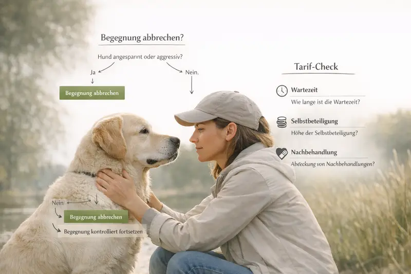 Begegnung mit einem Hund vor einer Tierarztpraxis und Entscheidungsbaum zur Abbruchentscheidung.