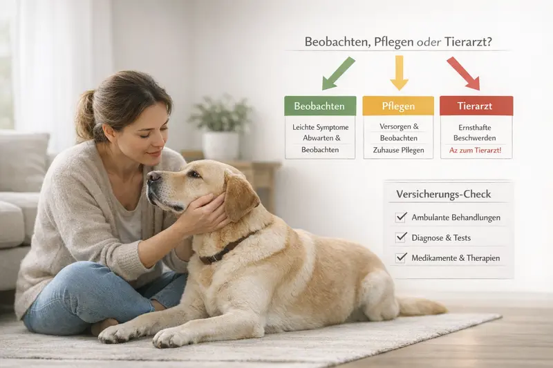 Infografik-Checkliste für Hundebesitzer zur Beobachtung, Pflege und Tierarztbesuch mit Versicherungscheck.