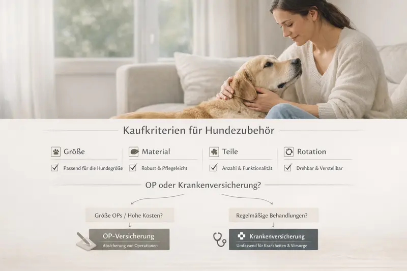 Infografik mit Kaufkriterien für Hundeversicherungen und Mini-Entscheidungsbaum für OP oder Krankenversicherung.