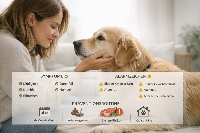 Infografik, die Symptome und Alarmzeichen bei Hunden sowie notwendige Präventionsmaßnahmen darstellt.