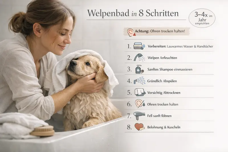 Eine detaillierte Infografik zeigt die acht Schritte für ein sicheres und effektives Welpenbad.