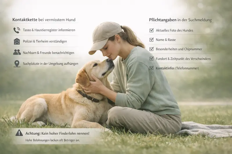 Infografik zur Kontaktkette und Pflichtangaben für vermisste Hunde