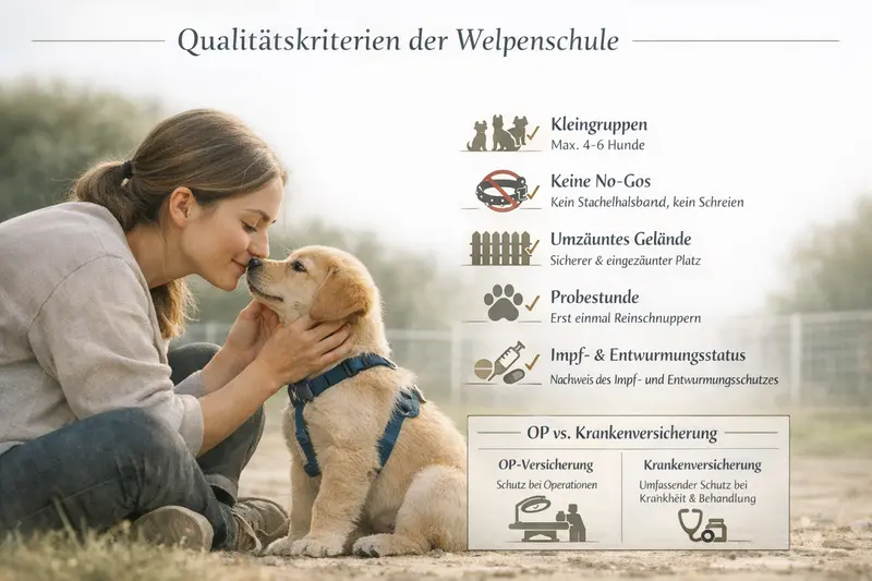 Infografik zu den Qualitätskriterien einer Welpenschule mit Gruppengröße, No-Gos, umzäuntem Gelände und Impfstatus.