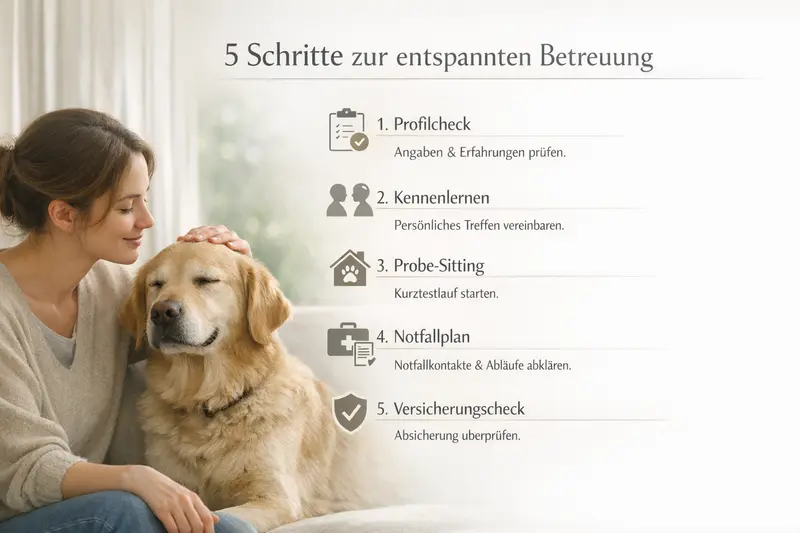 Infografik mit Prozess in 5 Schritten zur Tierabsicherung für Hunde und Katzen.