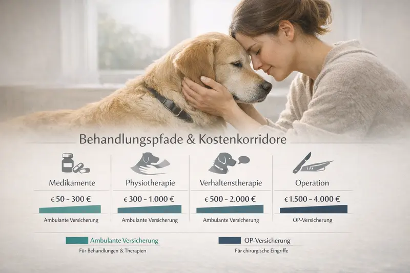 Infografik zu Behandlungspfaden und Kosten für Hunde mit Versicherungsinformationen.