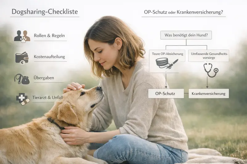 Infografik zur Dogsharing-Checkliste mit Entscheidungsbaum für OP-Schutz vs. Krankenversicherung für Hunde
