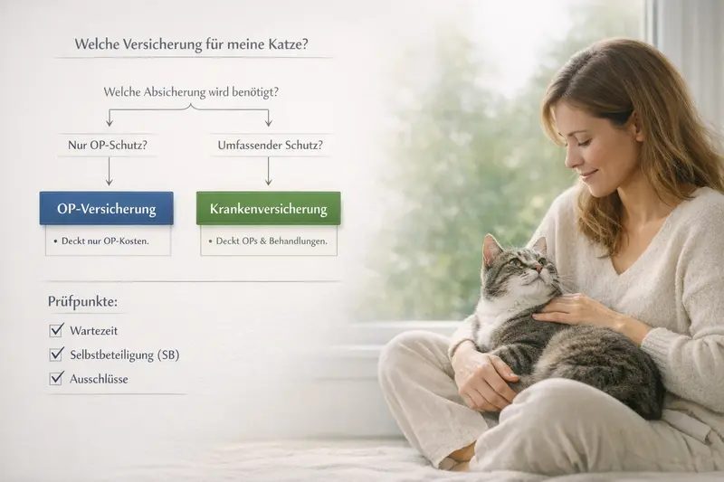 Entscheidungsbaum für Katzenhalter zur Auswahl zwischen OP-Versicherung und Krankenversicherung mit wichtigen Prüfpunkten.