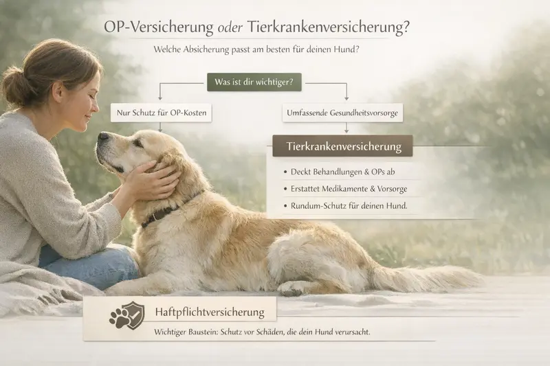 Infografik zeigt Entscheidungsbaum zur Auswahl zwischen OP-Versicherung und Tierkrankenversicherung für Hundebesitzer.