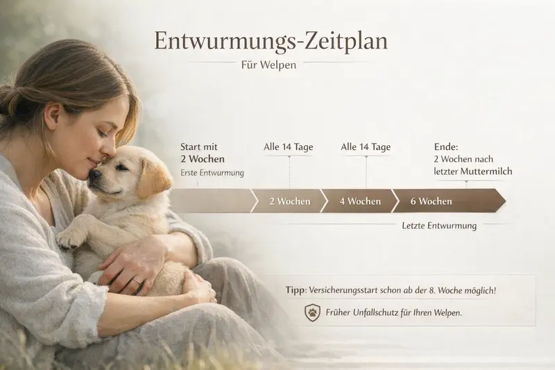 Infografik zum Entwurmungs-Zeitplan für Hunde, mit empfehlenswerten Abständen und ersten Schritten.
