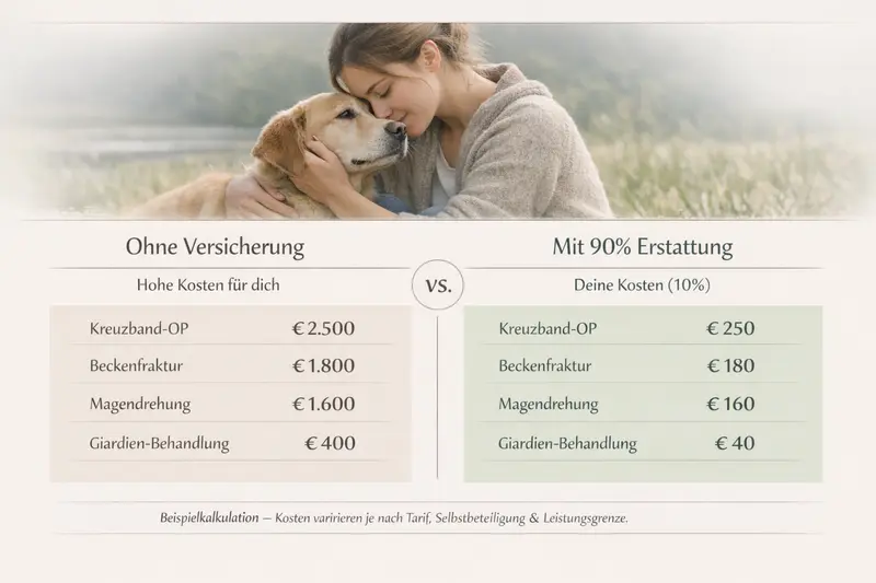 Infografik zeigt die Kostenübernahme für Hundebehandlungen durch eine Versicherung im Vergleich zur Selbstzahlung.