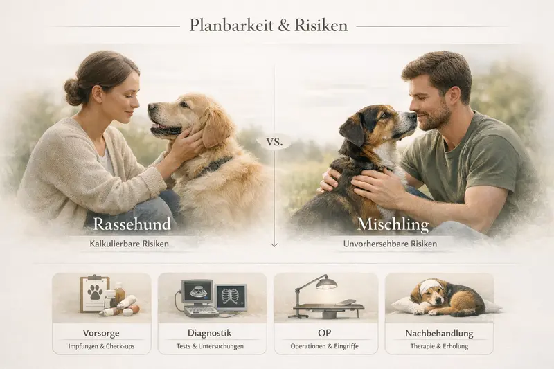 Infografik zur Gegenüberstellung von Planbarkeit und Risiken zwischen Rassehunde und Mischlinge sowie den Kostenblöcken für Vorsorge, Diagnostik, OP und Nachbehandlung