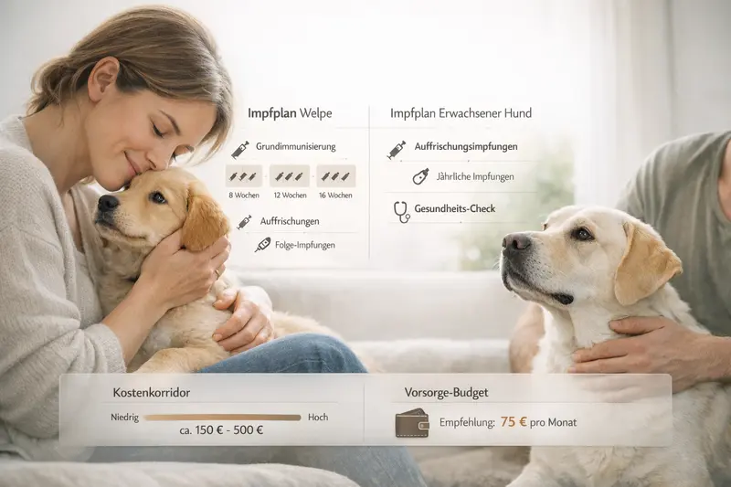 Infografik zeigt den Impfplan für Welpen und erwachsene Hunde sowie geschätzte Kosten für eine verantwortungsvolle Gesundheitsvorsorge.