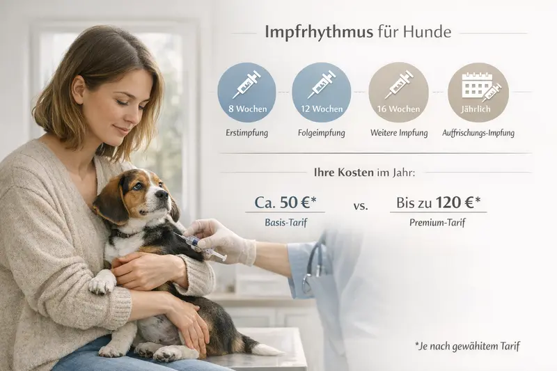 Infografik zeigt den Impfrhythmus für Hunde in den ersten 16 Wochen sowie jährliche Auffrischungen und Kostenschätzungen für Tierhalter.