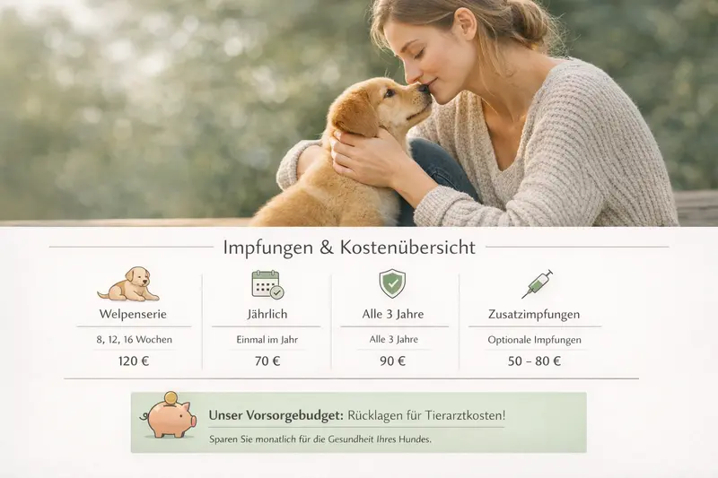 Infografik zur Kosten- und Intervallübersicht für Impfungen von Hunden inklusive Zusatzimpfstoffen.