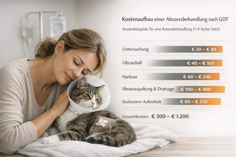 Infografik zeigt die Kostenaufteilung einer Abszessbehandlung bei einer Katze mit Untersuchung, Ultraschall, Narkose, Abszeßspaltung und Drainage.