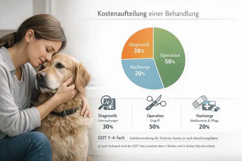 Infografik zur Kostenaufteilung einer Hundebehandlung mit Diagnostik, OP und Nachsorge sowie dem Hinweis auf GOT 1–4-fach als Preistreiber.