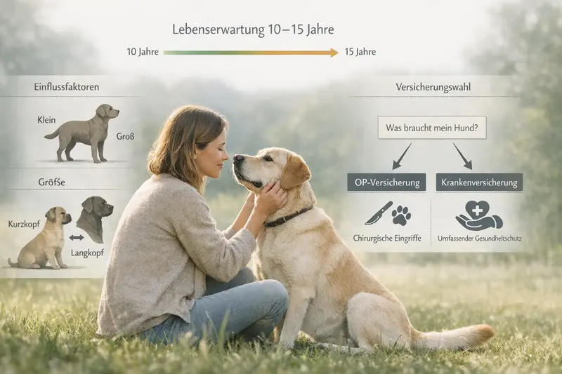 Infografik zur Lebenserwartung von Hunden, erklärt Einflussfaktoren wie Größe und Kopfform sowie Entscheidungswege zu OP oder Krankenversicherung.