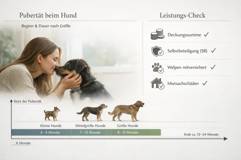Infografik zur Pubertätszeitlinie von Hunden in Abhängigkeit von deren Größe nebst Leistungs-Check für Versicherungen.