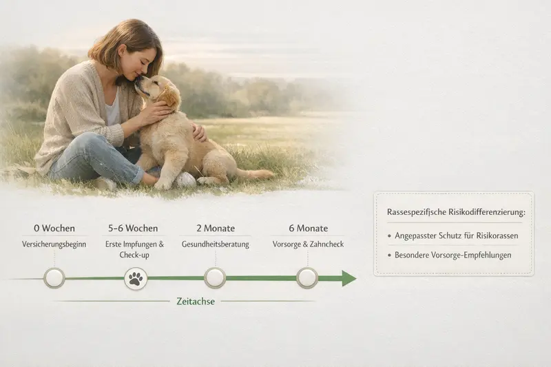Infografik zur Hundegesundheit zeigt eine Zeitachse von 0 bis 6 Monaten mit wichtigen Meilensteinen und rassespezifischen Risikohinweisen.